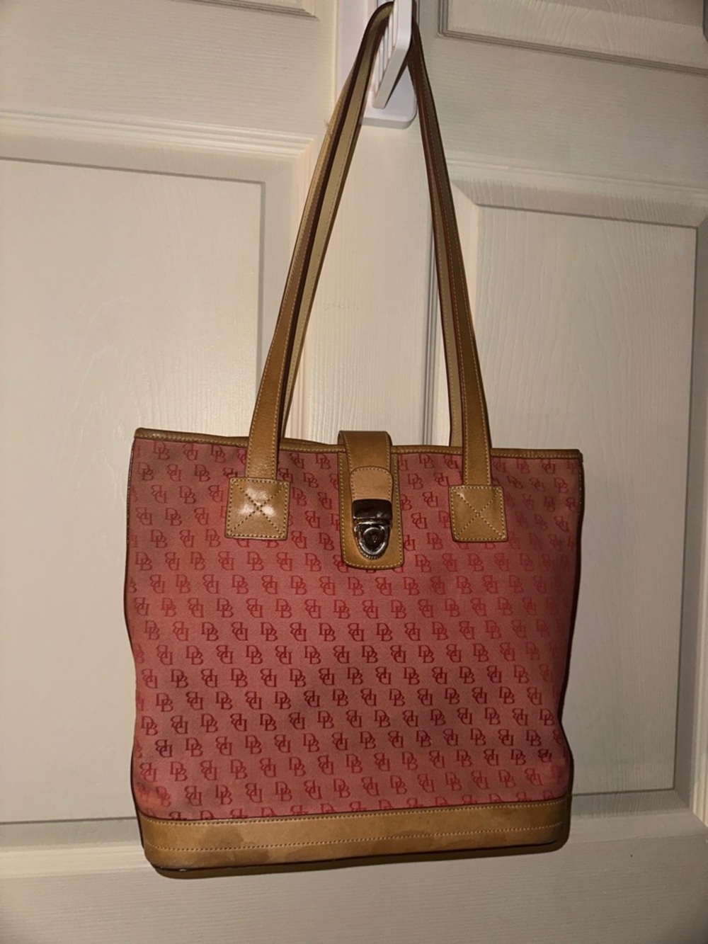 Dooney & Bourke Pink Canvas monogram Tote with Tan leather Trim Y2K